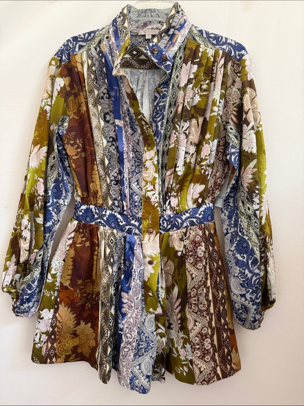 Guess Patchwork Floral & Paisley Long-Sleeve Romper in Olive, Blue & Brown
